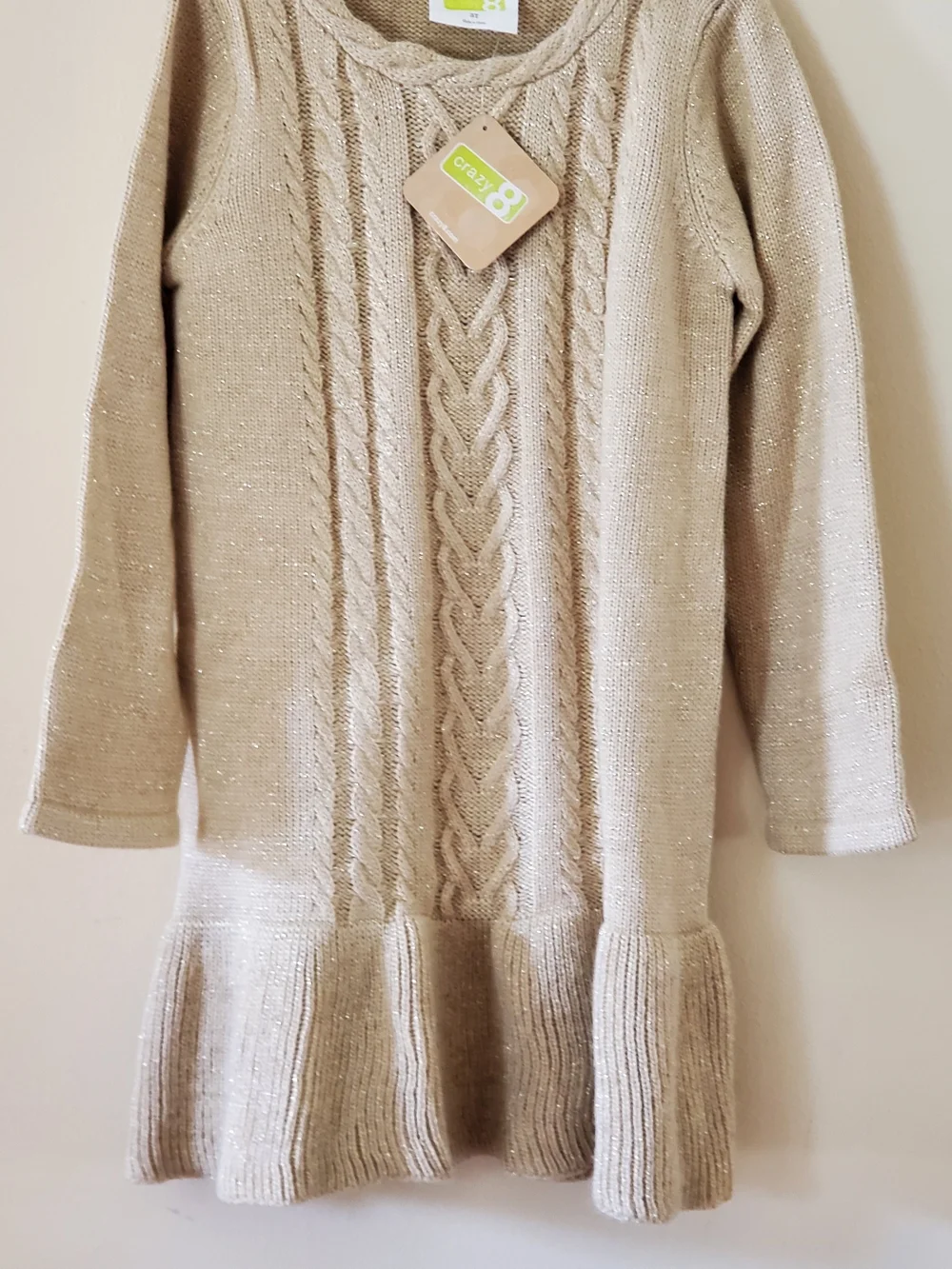 Gymboree Beige Cable Knit Ruffle Hem Dress With Gold-color Woven Through It